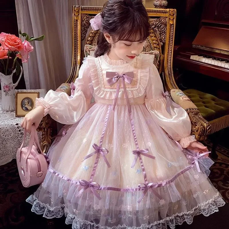 Vestido de princesa para meninas com detalhes de laço, malha fina, manga comprida, moda chique, estilo lolita para outono e primavera 2026