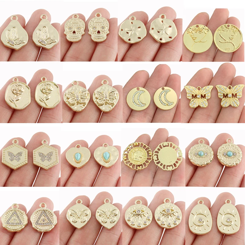 10pcs Gold Plated Personality Queen Avatar/Butterfly/Flower/Sand Dollar Hammered Charms Pendants for Jewelry Making Accessories