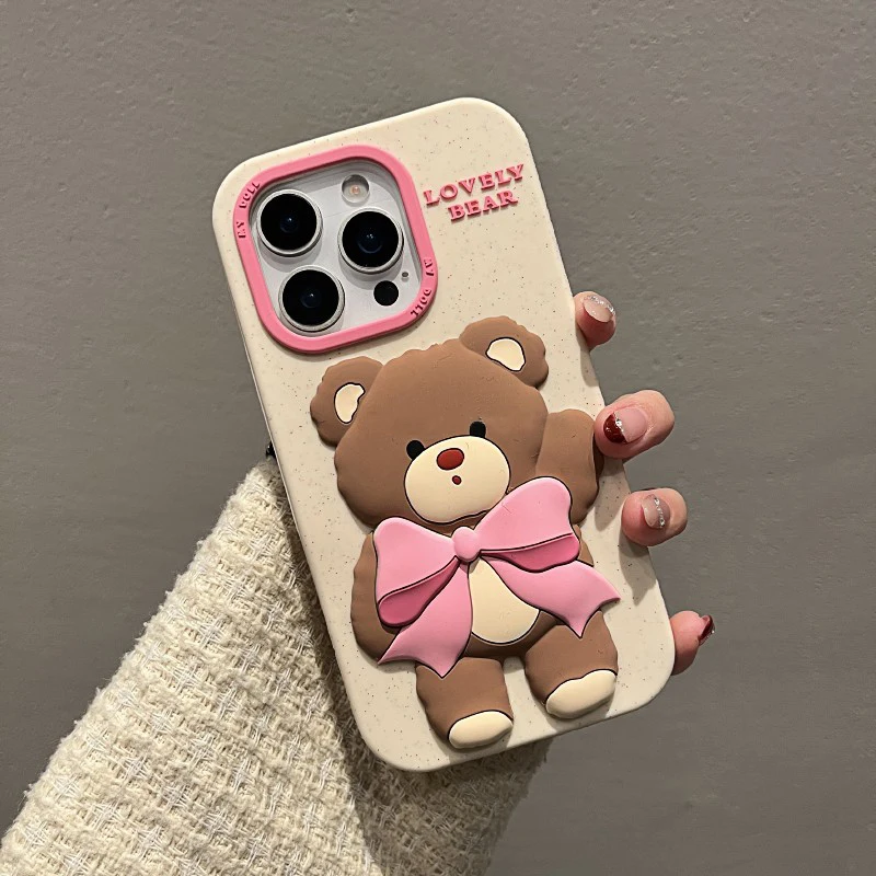 

Lovely Pink Bowknot Bear Soft Silicone Case For iPhone 13 14 15 16 Pro Max Cartoon Cute Shockproof Protective Phone Cover