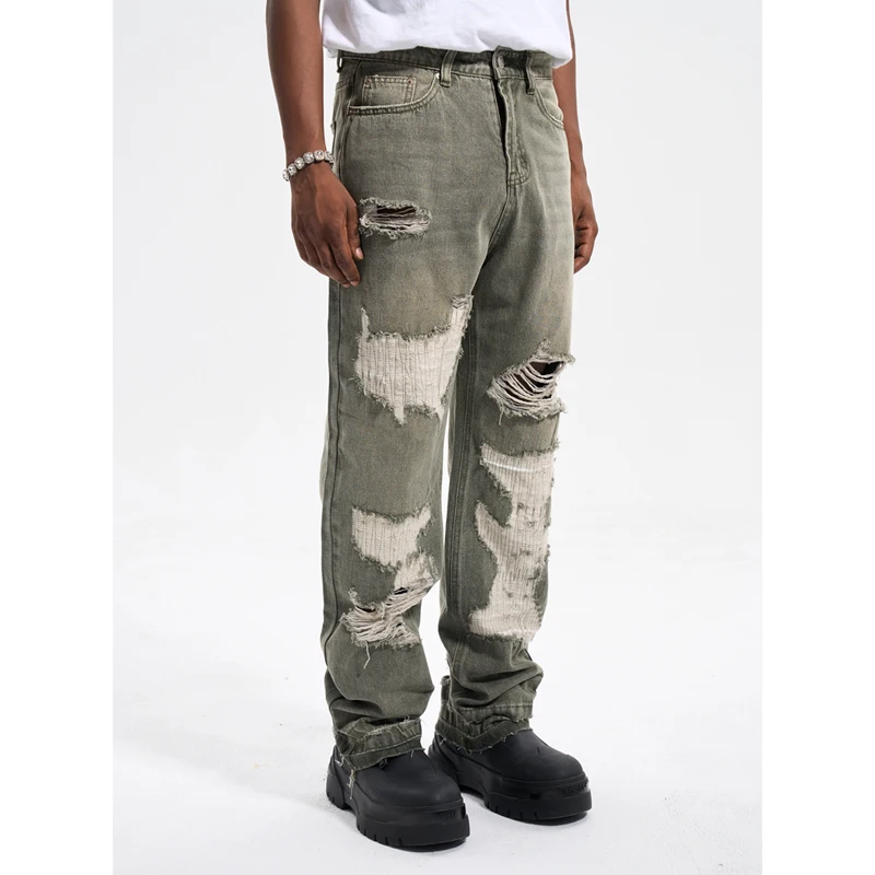 High Street Vintage Washed Hole Jeans Men Trousers Sweatpants Streetwear Straight Pants Techwear Clothing Clothes