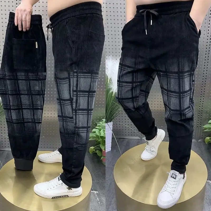 

Plaid Jeans Men's New Gradual Change Tied Feet Harlan Pants Spring Autumn Baggy Jeans Wear Pants Loose Casual Trousers Man Pants