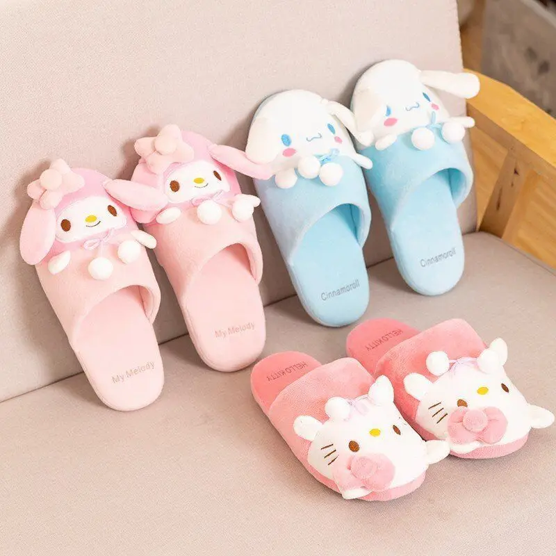 Sanrio autumn and winter Hello Kitty cute and sweet home women's shoes Kulomi cartoon non-slip thick-soled plush cotton slippers