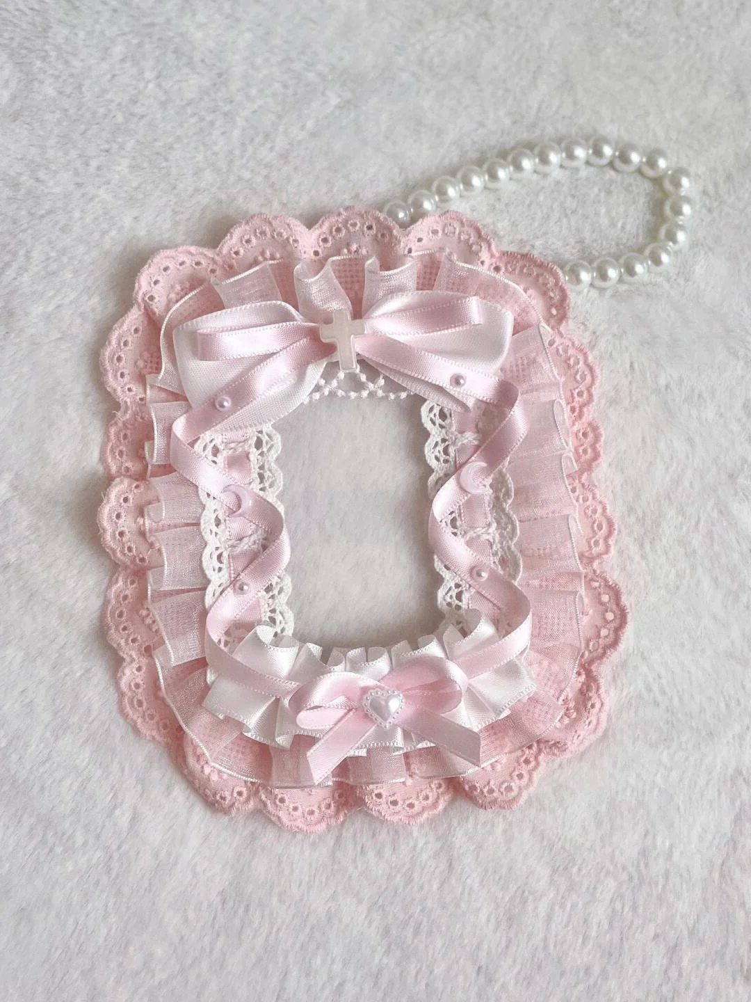Handmade Lace Satin 3 Inch PVC Photocard Holder, Bead Chain, Multi‑Layer Ruffled Trim, Anime Hobby Decor, Bag Ornament, Fabric Card Sleeve, Photo Card Protector, Kawaii Collectible Supply view 4