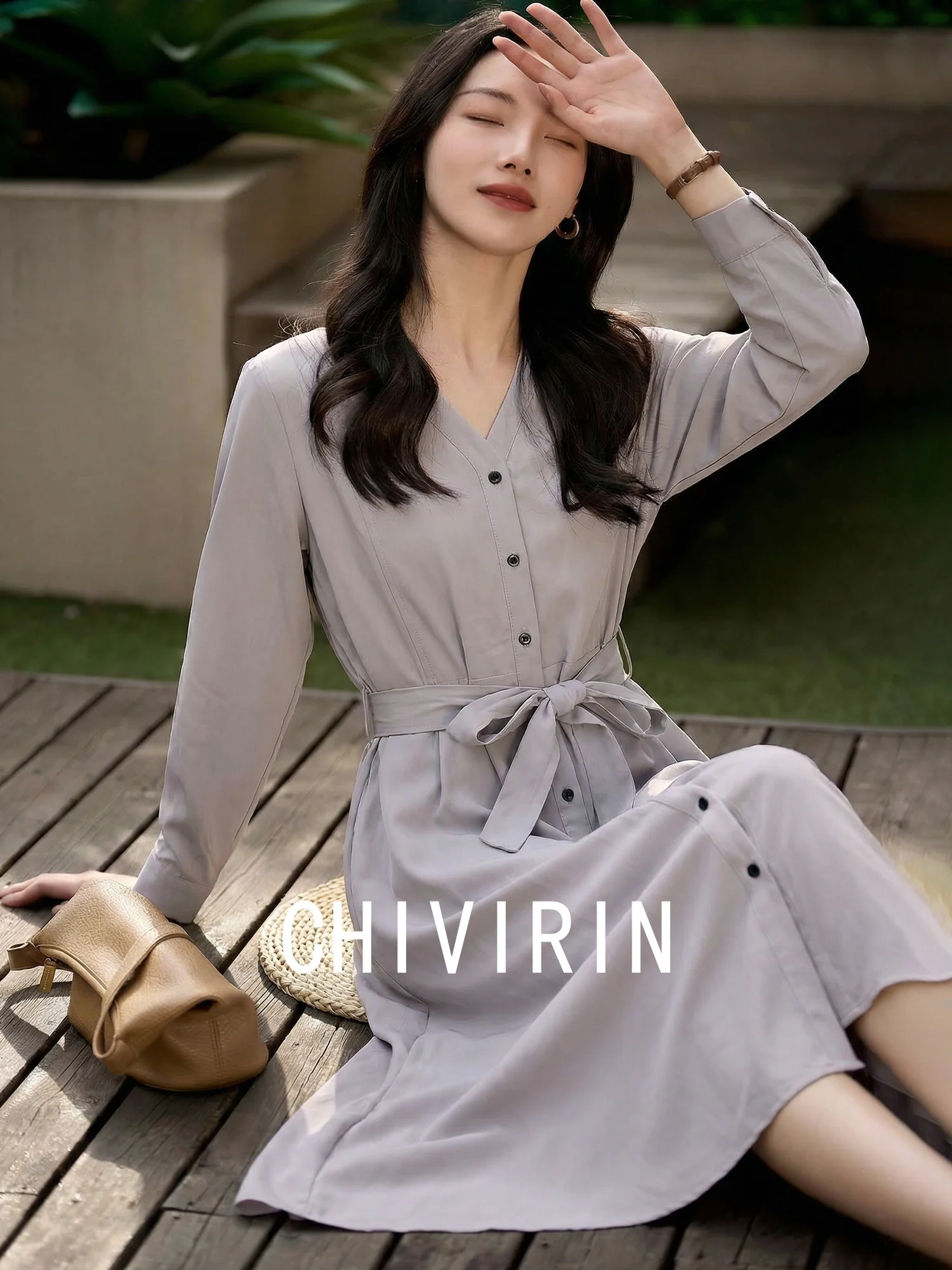

Chivirin Silk V-neck Belted Shirt Dress Women's Elegant Simple Waist-cinching Midi Dress Spring Season Long Sleeve Button Clo...