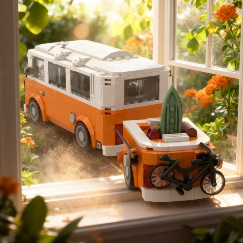 

Набор для сборки MOC Volkswagen T2 Camper Van с прицепом, 572 детали, серия City Champions, креативный конструктор, подарок, декор для демонстрации