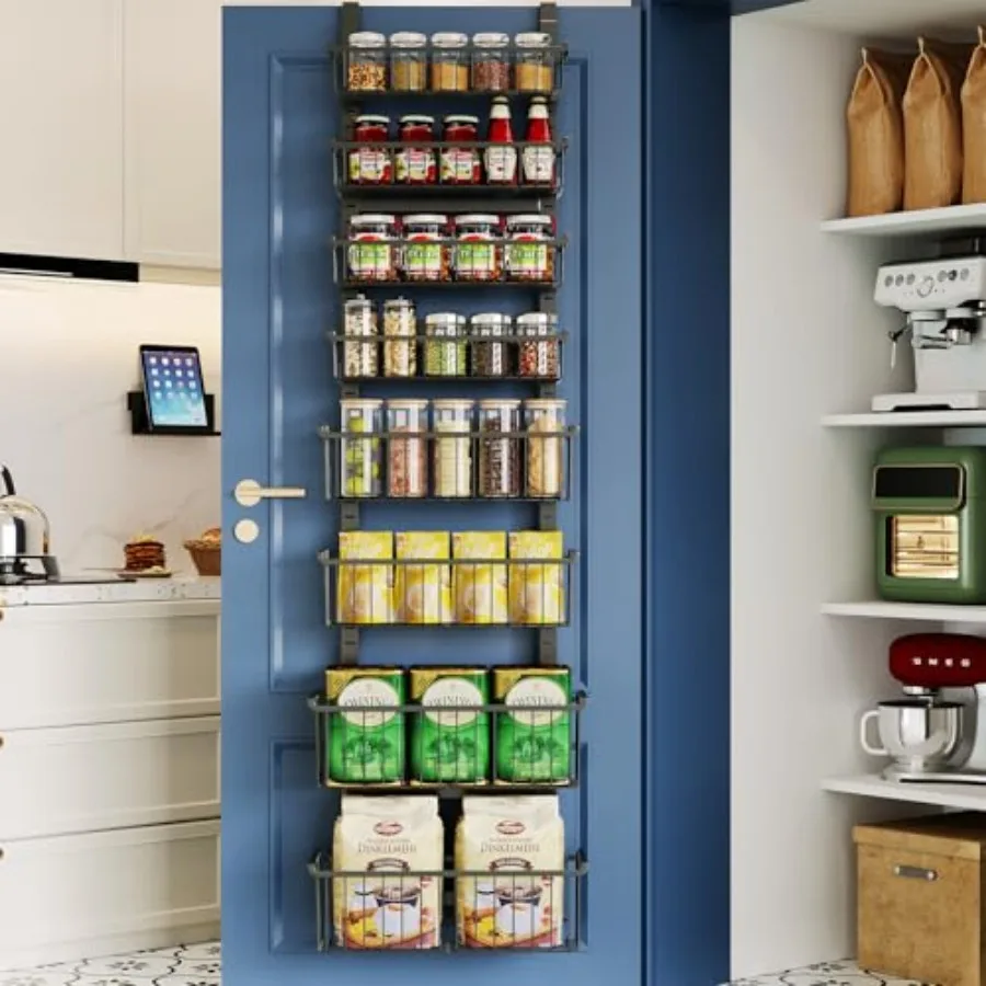 

Надверный органайзер для кладовой, 8-уровневый, с регулируемыми корзинами, металлическая подвесная полка для специй для организации кладовой