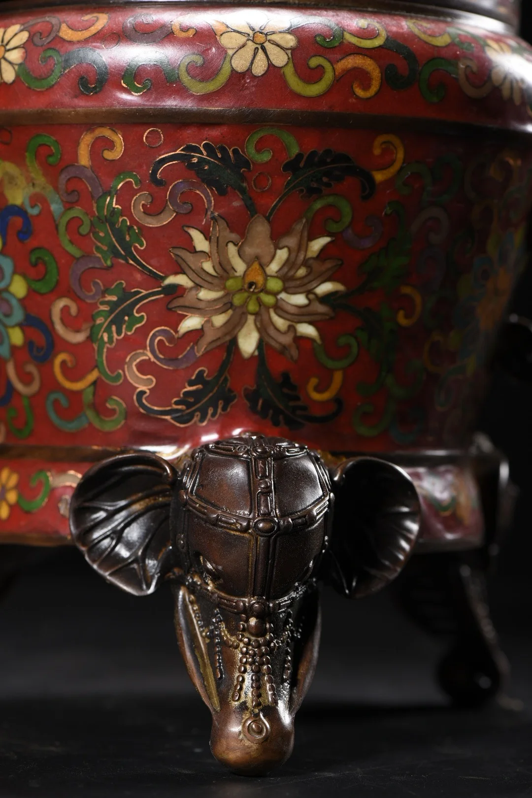 Old Bronze Cloisonne Lotus pattern Elephant Statue Cover Elephant Head Ear  Tripod Incense Burner Amass wealth Ornaments