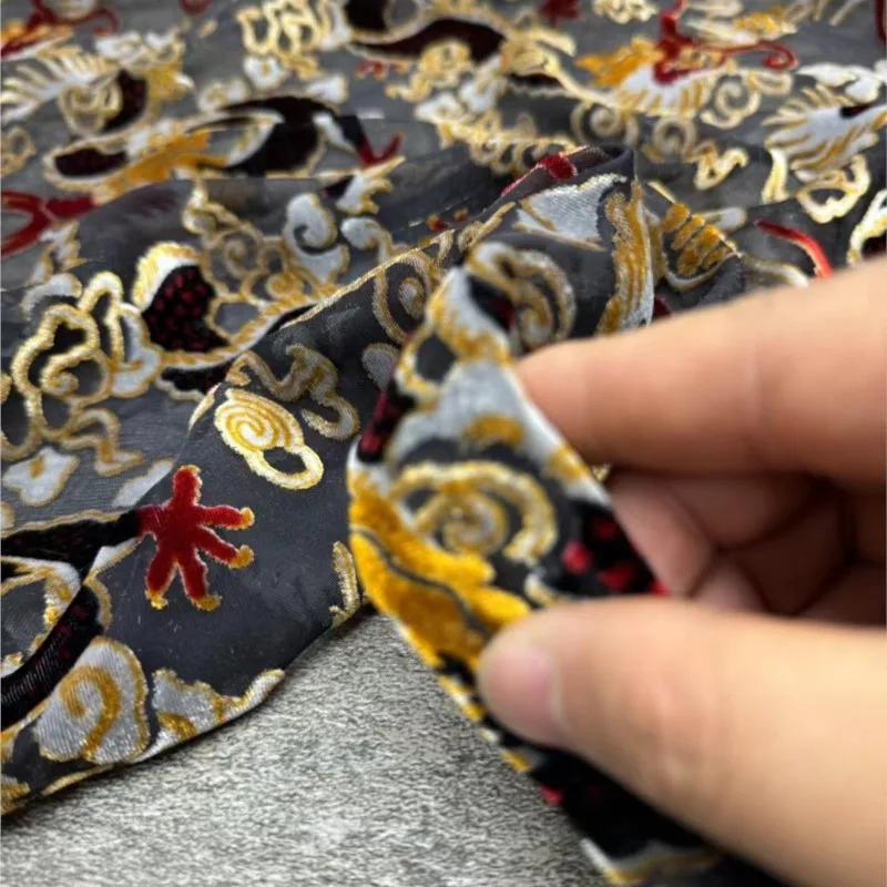 Silk velvet new Chinese cheongsam half skirt Hanfu dress fabric black micro transparent