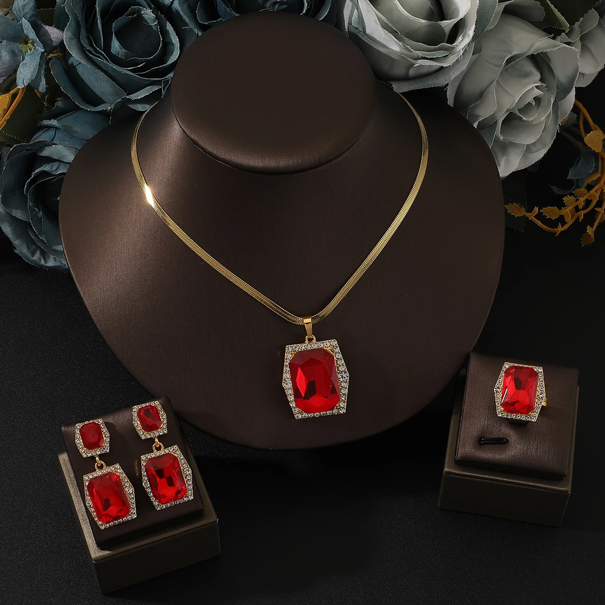 Classic Emerald Pendant Jewelry Sets For Women Zircon Ring Earrings Necklace Wedding Bridal Elegant Christmas Gift