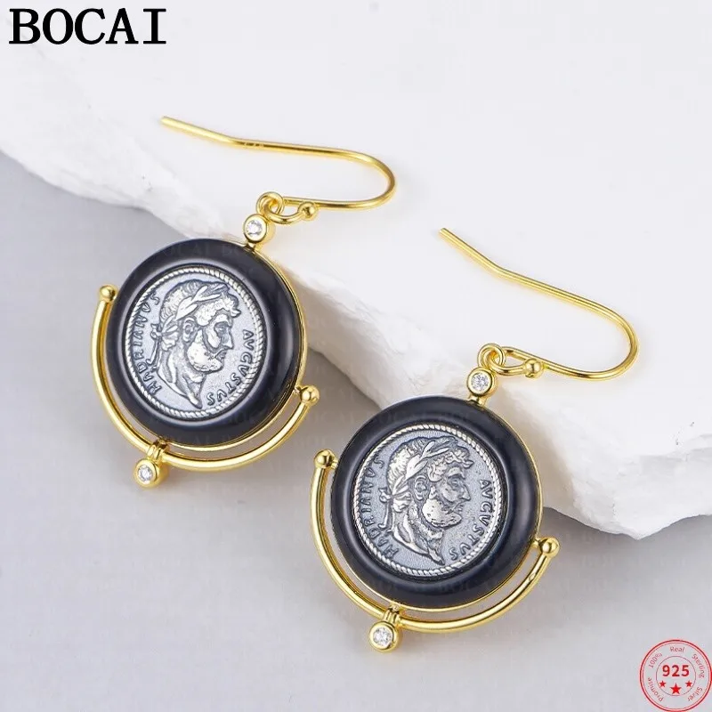 

BOCAI S925 Sterling Silver Drop Earrings for Women Black Agate Portrait of Ancient Coins Ear Drops New Fashion Jewelry Wholesale