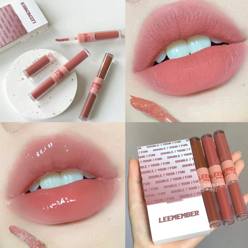 LEEMEMBER Double Head Lip Mud -Lip Gloss Lipstick Two Effect Have Fun Water Mirror Surface Glossy Matte Non-Stick Liquid Lip Mud