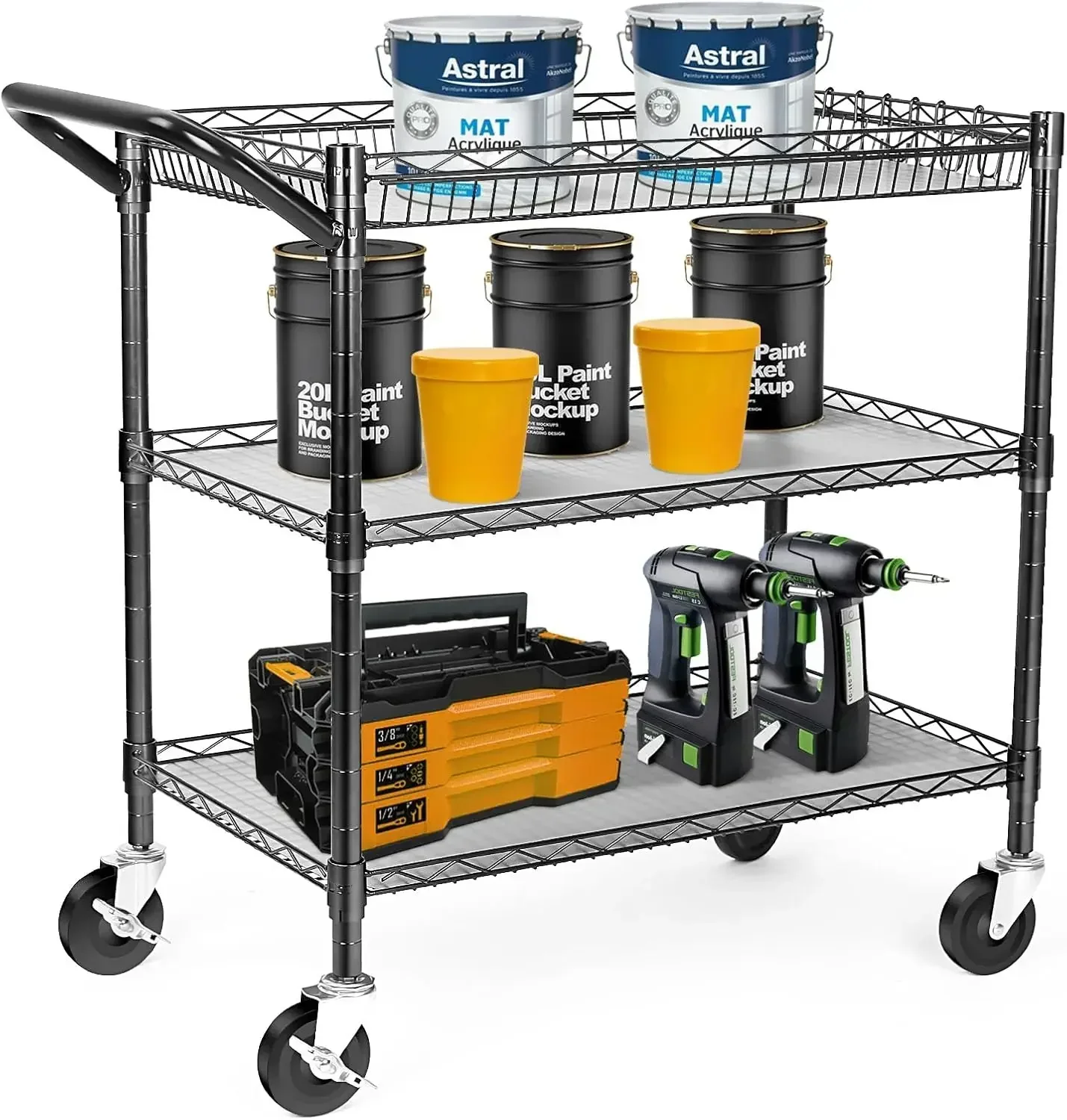 Heavy Duty Rolling Utility Cart, NSF Rolling Carts with Wheels,Commercial Grade Metal Cart with Handle Bar & Shelf Liner,Trolley