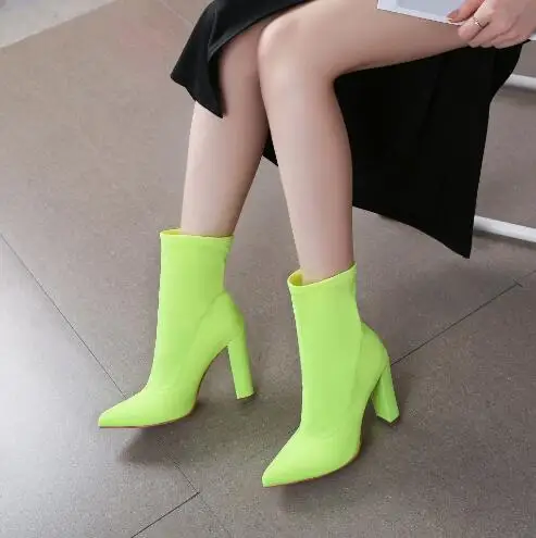 Hot Pink Fluorescent Yellow Purple Lycra Elastic Pointed Toe Slip On Square Heels Short Socks Boots Women Ankle Booties Lady