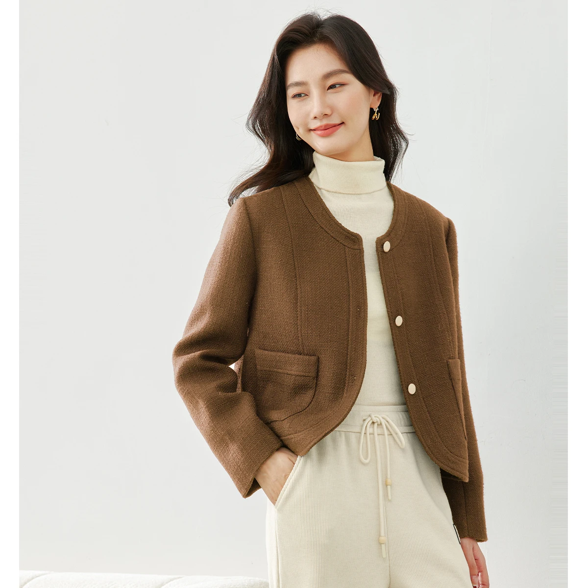 Vimly Women's Tweed Jacket 2025 Autumn Round Neck Single-Breasted H-Line Long Sleeves Coat Elegant-style Warmth Overcoat A0057