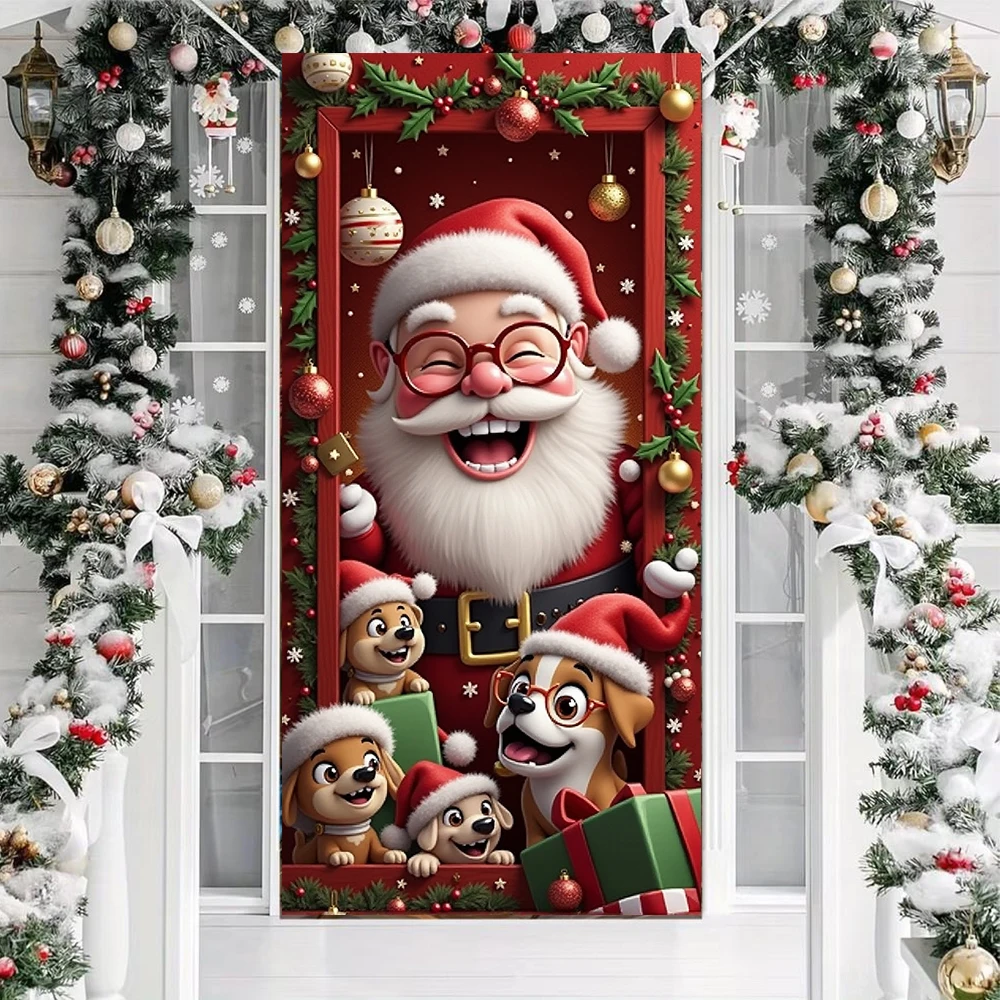 Santa Red Door Cover Home Christmas Funny Decoration Linings for Christmas Indoor Outdoor Garden Porch  Xmas Doors 180x90cm