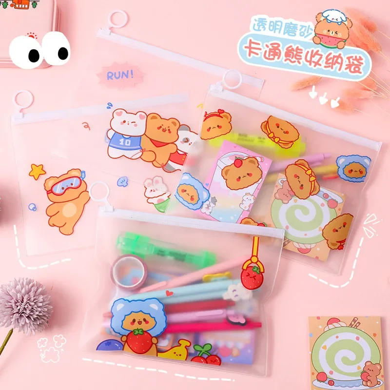 Cute Bear File Bag Student Desktop Stationery Storage Zipper Bag Cartoon Transparent Waterproof Test Paper Sundries Bag