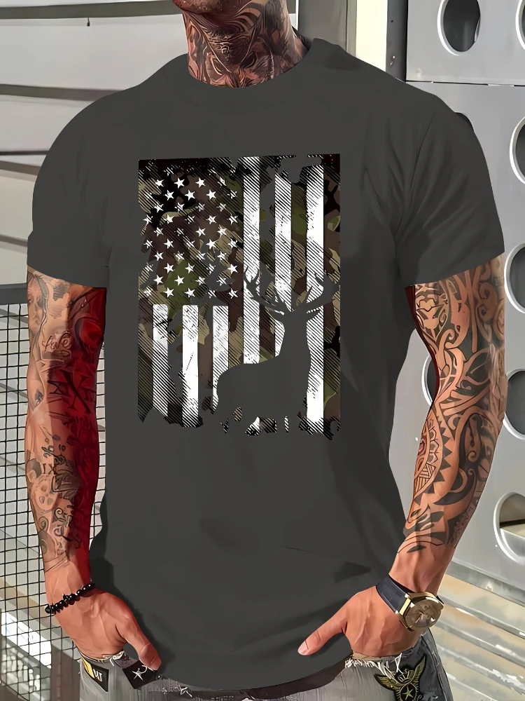 

Patriotic Deer pattern design -100% cotton summer O-neck short sleeve casual printed men's T-shirt.