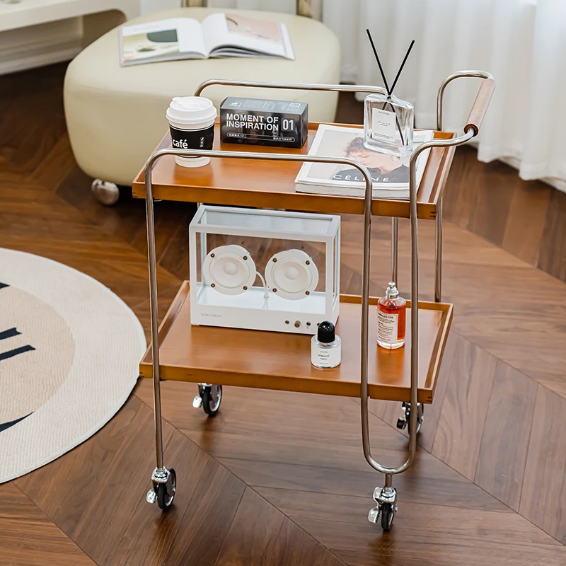 solid wood trolley, living room, stainless steel, light luxury dining cart, household shelf, movable side table