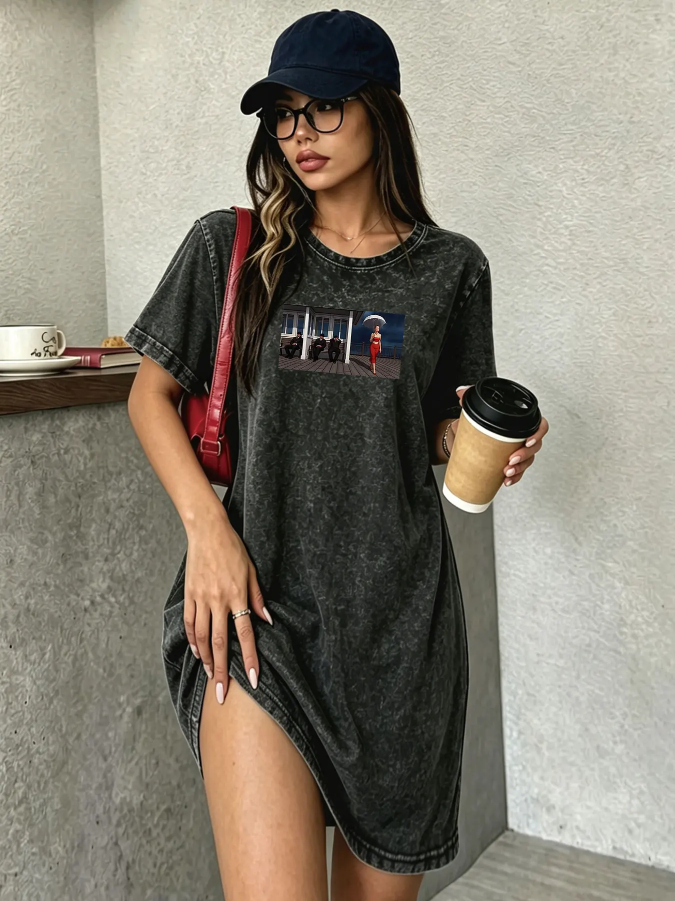 Vintage Gewaschenes Retro T-Shirt-Kleid für Damen, Modisches Streetwear-Markenkleid mit Grafikdruck