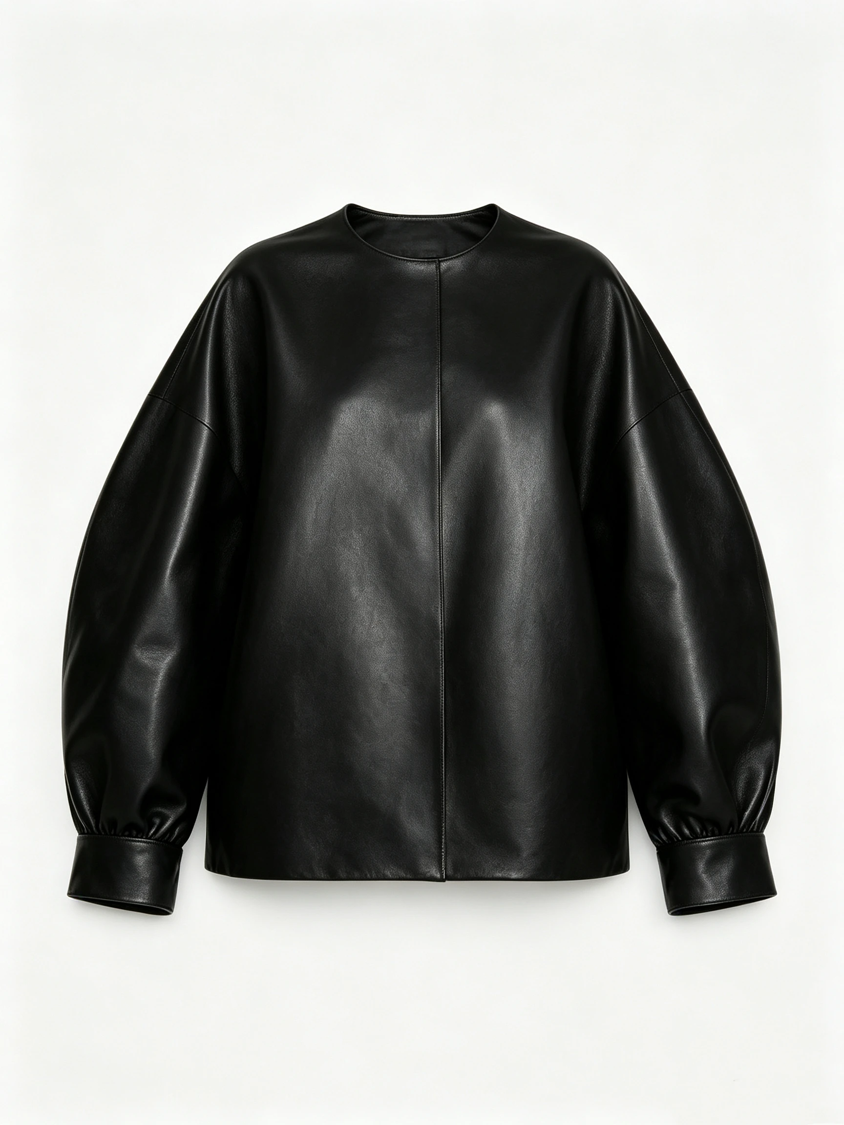 Women's Faux Leather Lantern Sleeve Jacket with Round Neck and Cuffed Sleeves
