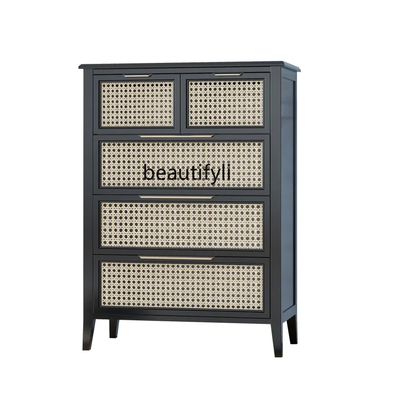 

Retro five-drawer cabinet, living room entrance side cabinet, bedroom storage cabinet, simple rattan bucket cabinet