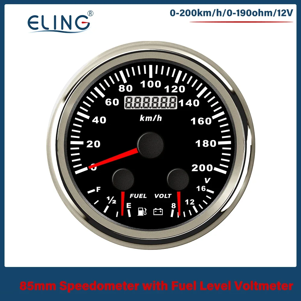 ELING 85mm Waterproof 60MPH 200km/h GPS Speedometer Odometer With Fuel Level Voltmeter With Red Backlight for Car Truck Boat