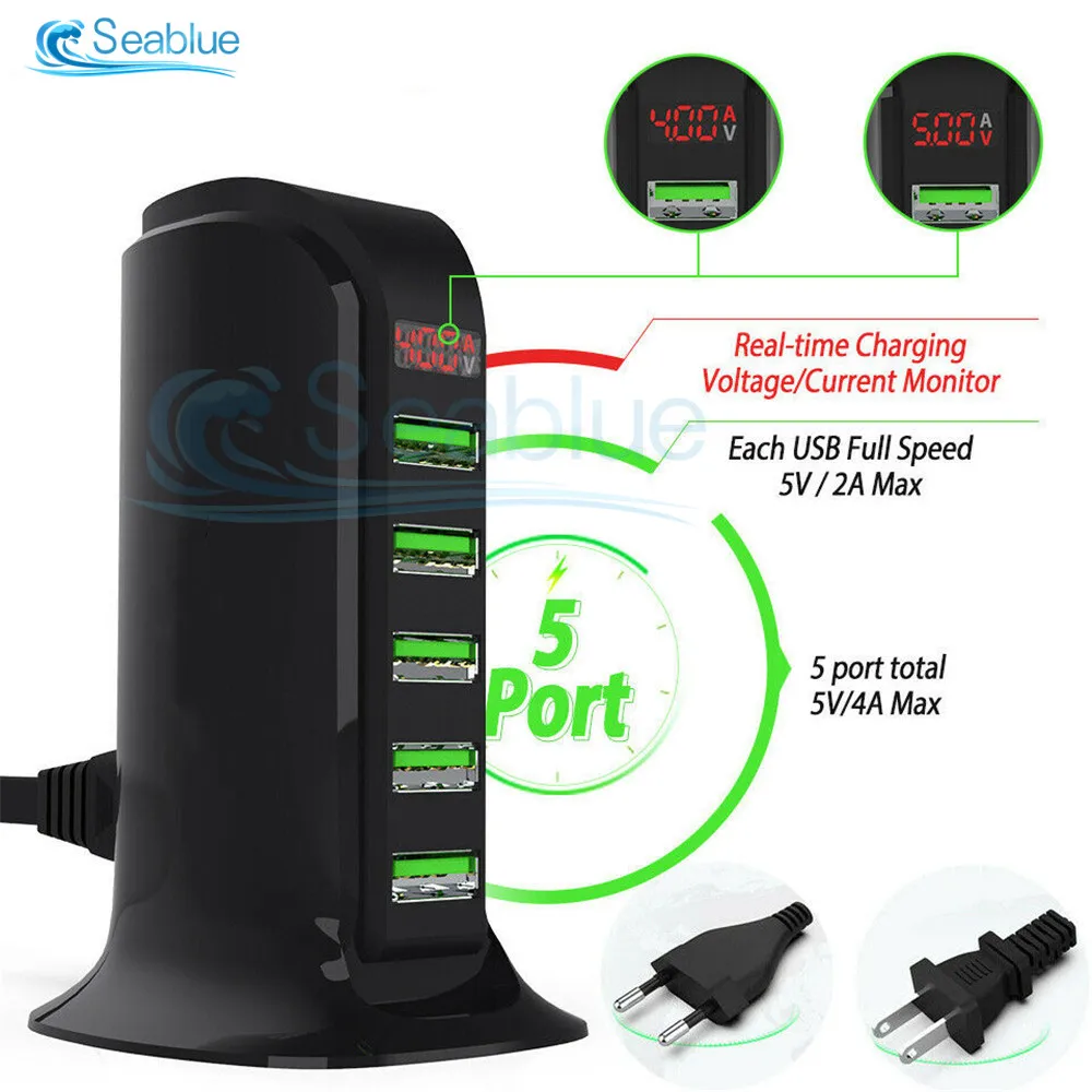 5 Multi Port USB Charger Hub For Mobile Phone EU US Plug LED Display USB Charging Desktop Station Dock Chargers