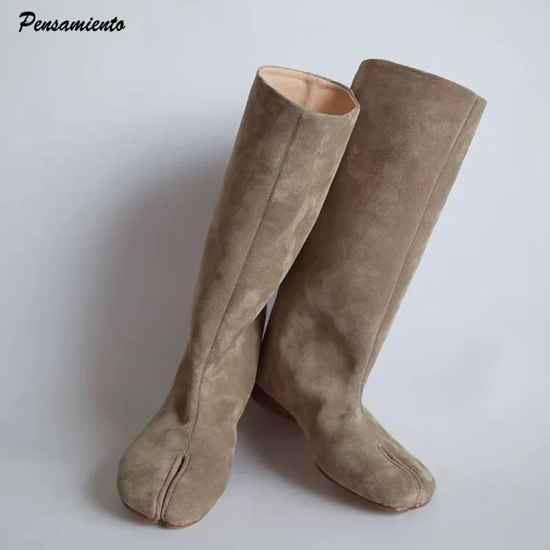 Autumn Winter Fashion Faux Suede Split toe Women Knee-High Boots Casual 2cm Low Heeled Tabi Modern Knight Long Boots Shoes Botas