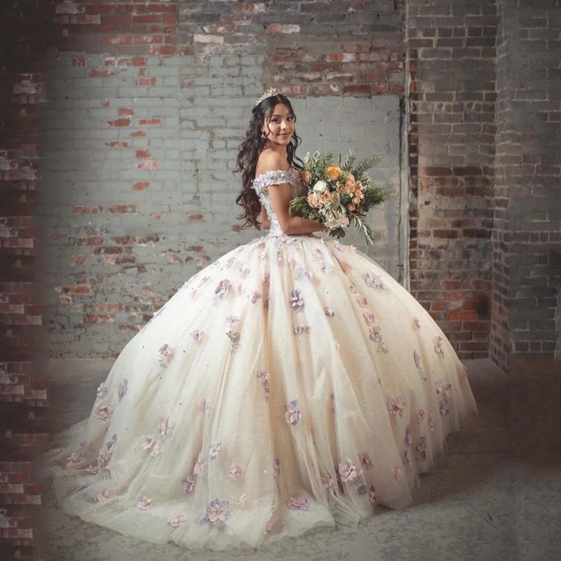 Бальное платье по индивидуальному заказу, платья Quinceanera, милое платье 16, с открытыми плечами и аппликациями, 3D цветы, 15 лет, Vestidos De 15 Anos YQD232