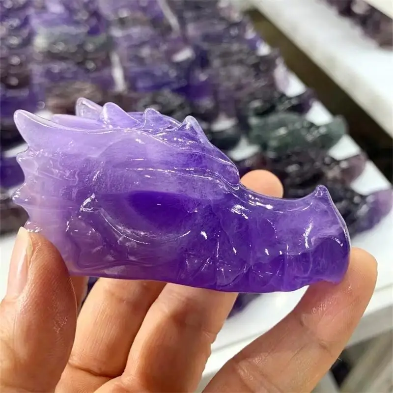 

7.5CM Natural Purple Mica Fluorite Dragon Skull Carving Craft Animal Gift Crafts Feng Shui Home Decoration Stone Statues 1PCS