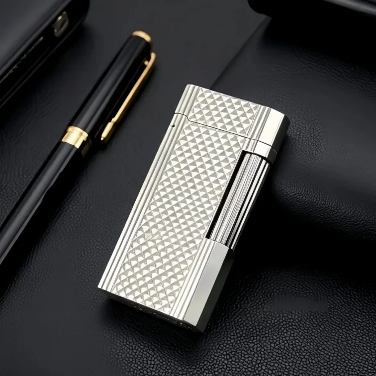Diamond Pattern Textured Soft Side Flame Lighter, Refillable Metal Butane Lighter, Premium Men Smoking Collection Gift