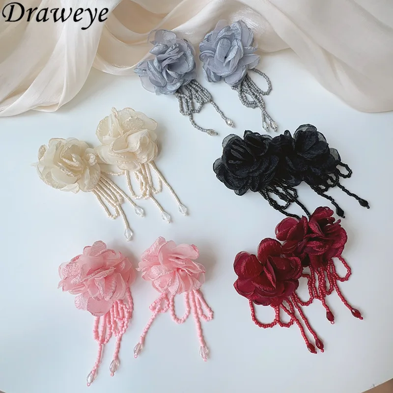 Draweye Cloth Flowers Earrings for Women Beads Tassels Vintagae Mori Girl Style Jewelry Korean Fashion Sweet Pendientes Mujer