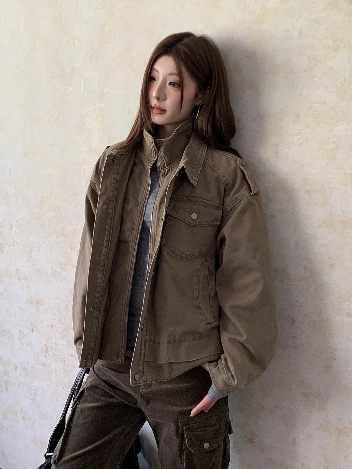 

Aket винтажная хлопковая рабочая одежда с поясом, джинсовая мужская уличная одежда с двухслойным воротником, свободная посадка, обычный све