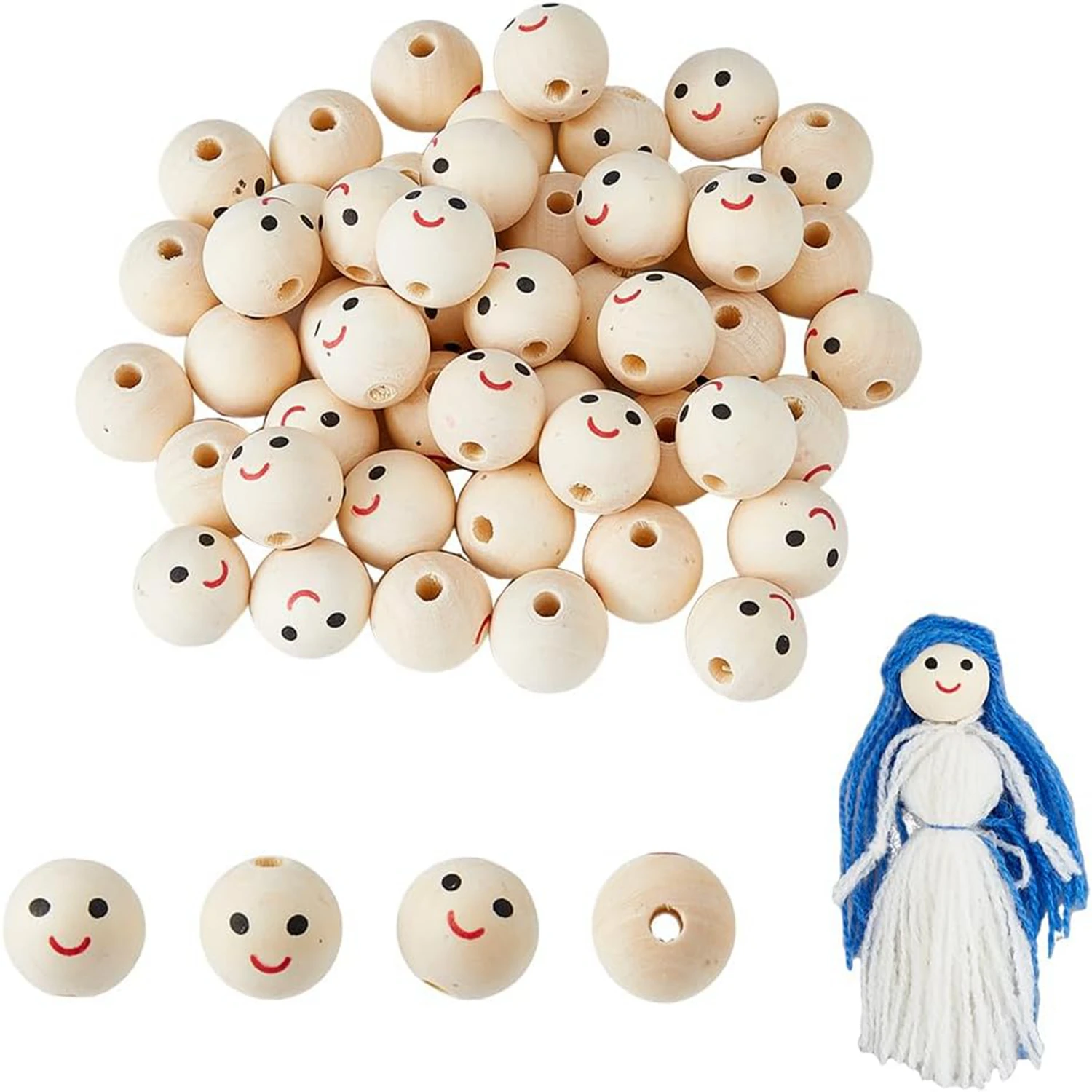 50 Stück natürliche Holzperlen, Holzperlen mit lächelndem Gesicht, Abstandsperlen für die Herstellung von Schlüsselanhängern, hängenden Ornamenten