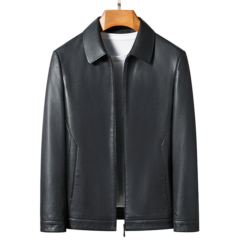 YN-2335 Spring and Autumn Men's Genuine Leather Polo Mock Neck Jacket Fashion Slim Sheepskin Coat Black Grey Husband Gift Youth