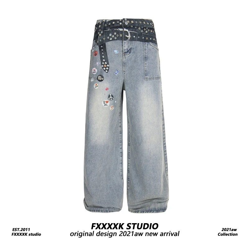 

Джинсы унисекс FXK в стиле ретро с принтом, свободного кроя, в пол, в этническом стиле, трендовая уличная одежда