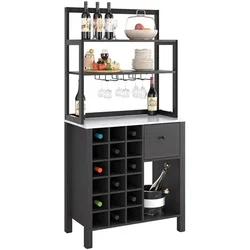 Wine Buffet Cabinet with 18 Bottle Rack and Glass Holder Serving Bar Table with 3 Tier Shelves Drawer and Open Storage