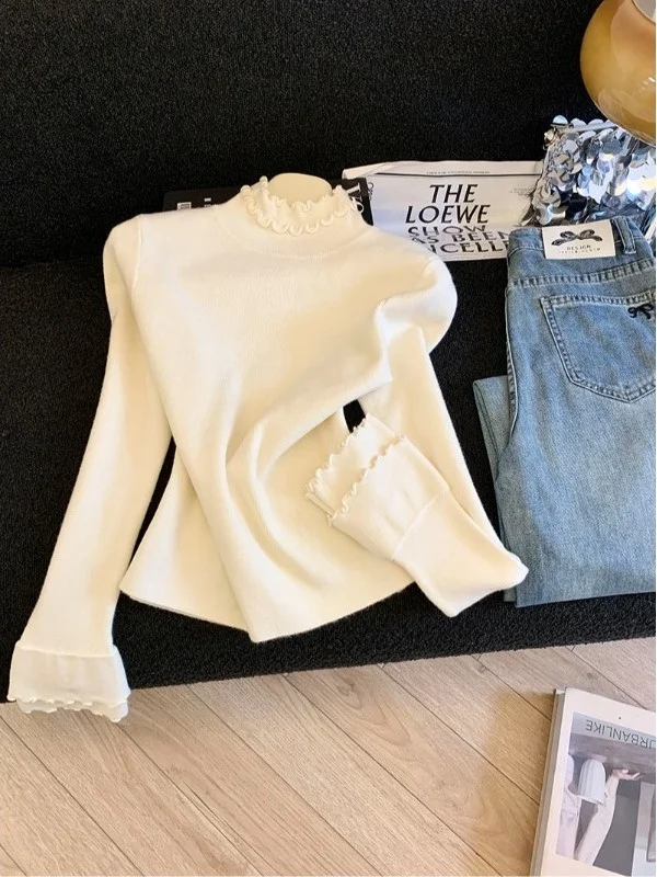 French Style Knitted Long Sleeve Sweater Women's High Collar Slim Fit Overhead Base Shirt Autumn Winter Fashion Design Bell B... view 2