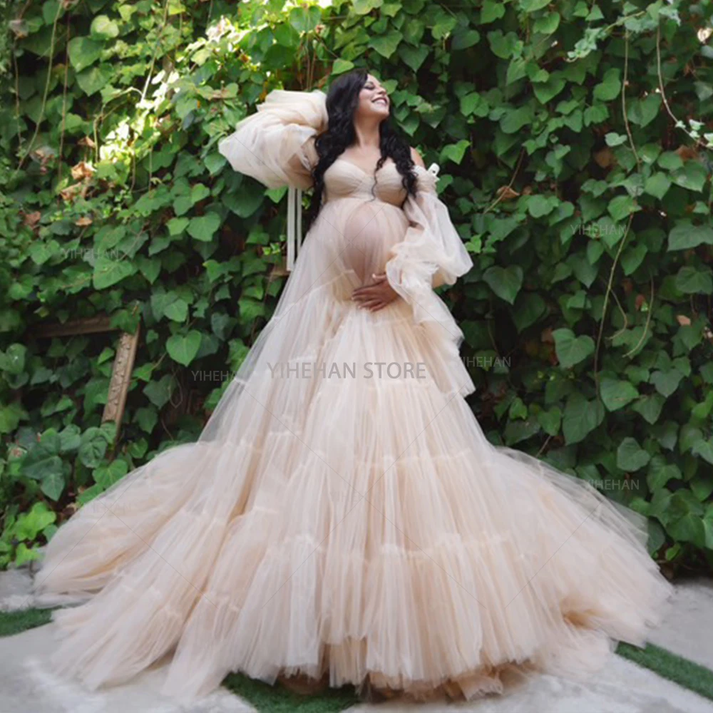 Customized A Line Prom Dresses Women's Sweetheart Off Shoulder Front Split Maternity Robes Pregnant Ruffled Tiered Bridal Gown