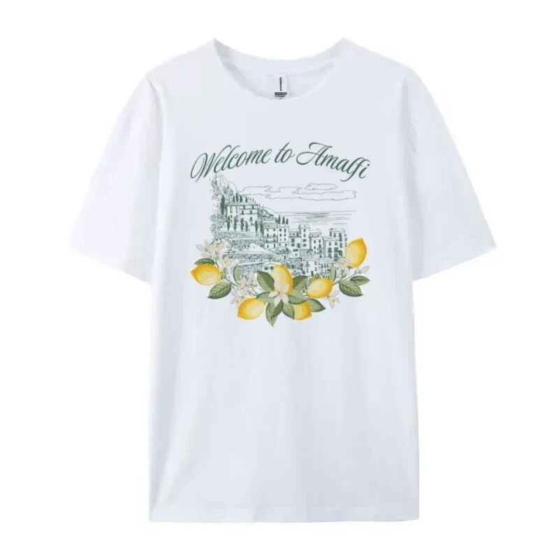 Italian Lemon Printed T-Shirt Retro Amalfi Coast Graphic Tees Short Sleeve Cotton Travel Tshirts Women Aesthetic Vacation Tops