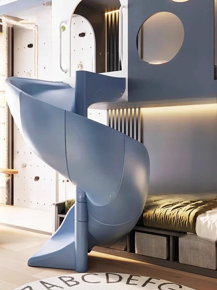 tempat tidur susun dua tingkat dari kayu solid, tempat tidur susun dengan seluncuran putar 1 meter 2 tempat tidur susun