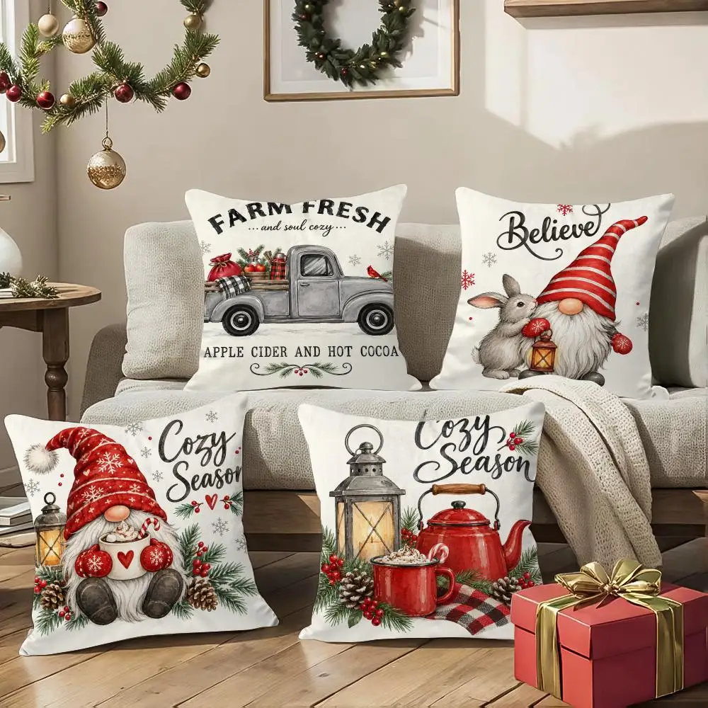 4PC Red Truck Farmhouse Christmas Cushion Cover Soft Short Plush Double-Sided Print Throw Pillow Case Home Decor Festival Gift