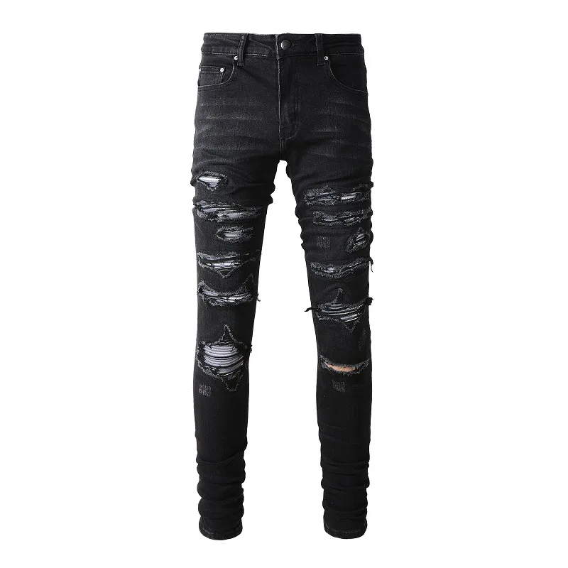 2024 High Street Trend Europe and The United States Street Trend Ripped Patch Jeans High Street Trend Men's Stretch Slim Pants