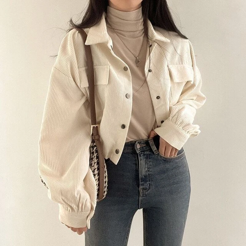 Rimocy Chic Pockets Long Sleeve Cropped Blouse for Women Corduroy Drawstring Short Jacket Woman Korean Wild Solid Color Coats