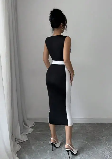 

Womens Dresses 2026 Spring Summer New Square Collar Color Blocking Sleeveless High Waist Casual Slim Fit Daily Long Dress