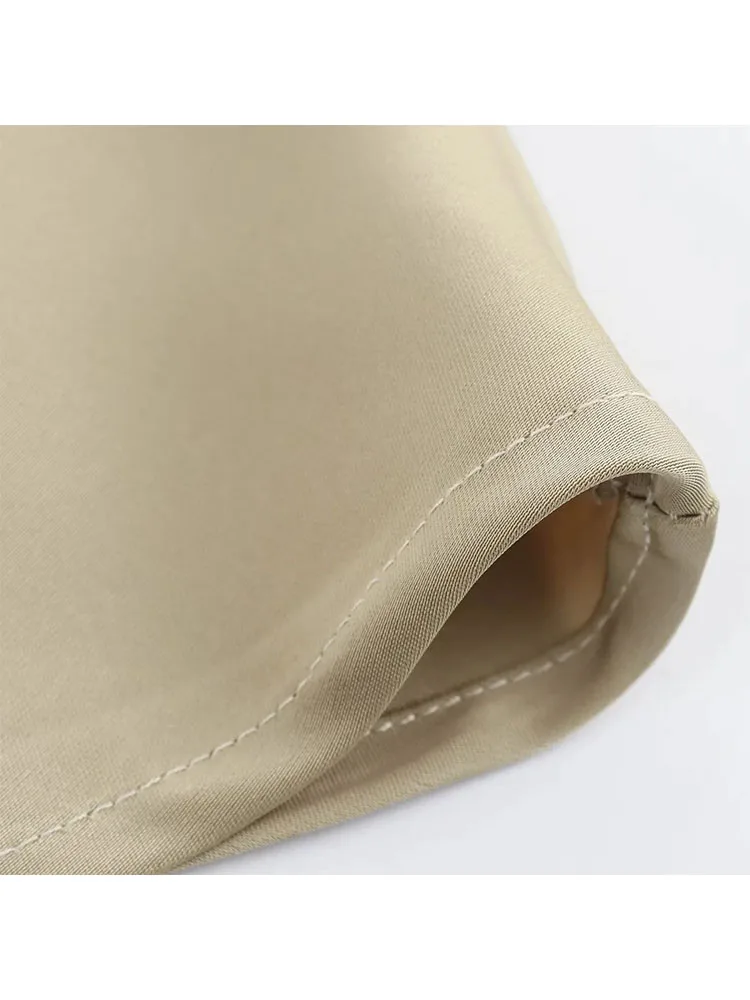 Zadata Dames Nieuwe Slim Fit Ronde Hals Mouwloze Geplooide Decoratieve Zijden Satijnen Midi Jurk