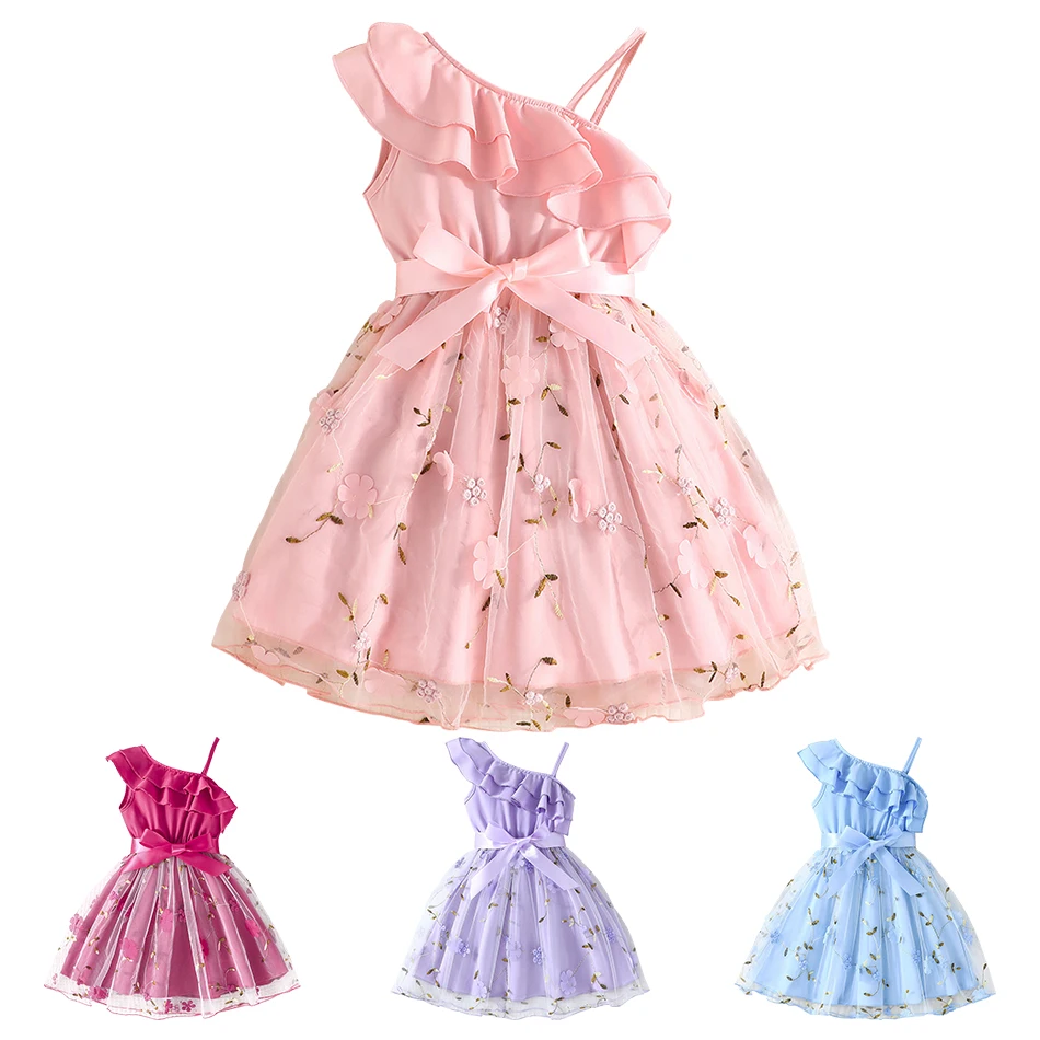 

Autumn Girls Fashion Dress Baby Birthday Party Dresses Kids A-line Lotus Leaf Sloping Shoulder Suspender Skirt Children Clothes