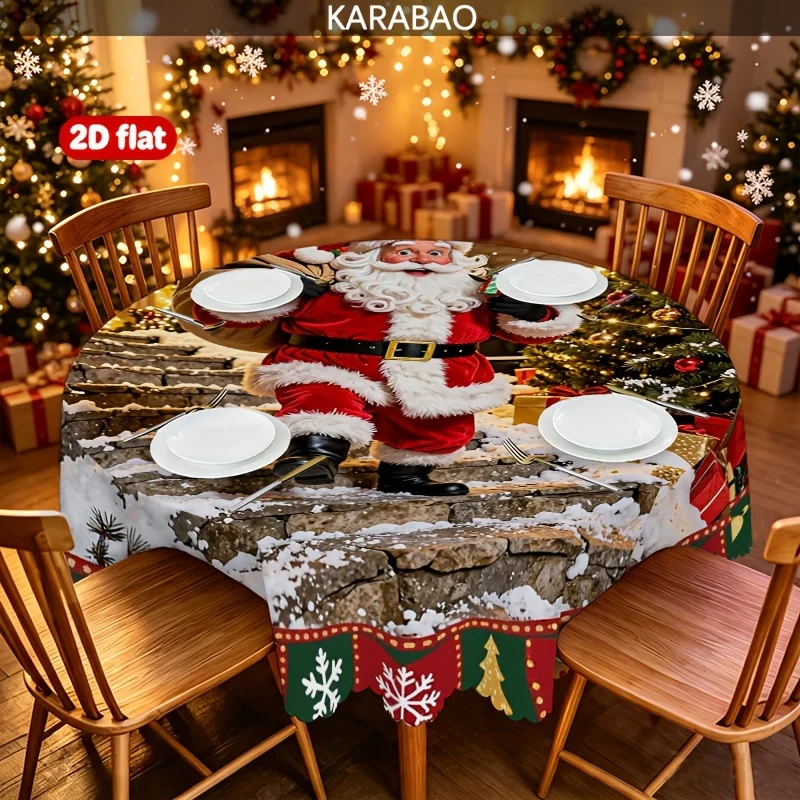 1 Christmas-themed round tablecloth, red and green lace with snowflake gingerbread man, Santa Claus snow step gift pattern