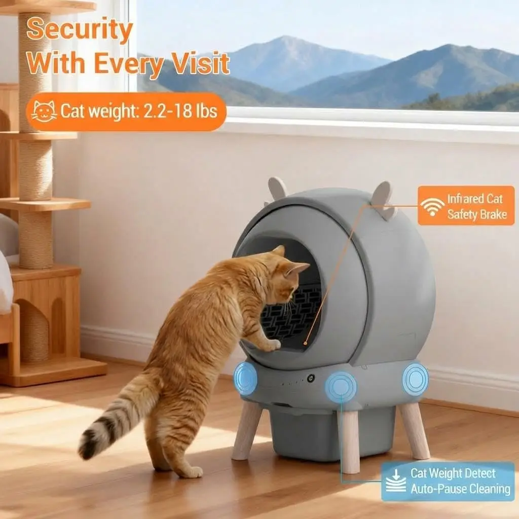 Lettiera automatica intelligente per gatti con funzione di autopulizia, capacità 65L, controllo tramite app, sensori anti-pizzicamento, sistema a prova di perdite e controllo degli odori, toilette