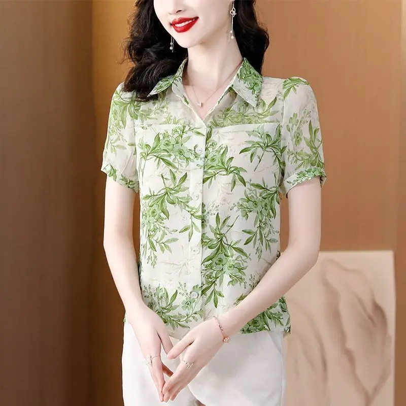 2024 New Summer Retro Loose Casual Office Lady Chinese Style Women's Shirt Printed Bamboo Button V Neck Short Sleeve Y2K Tops